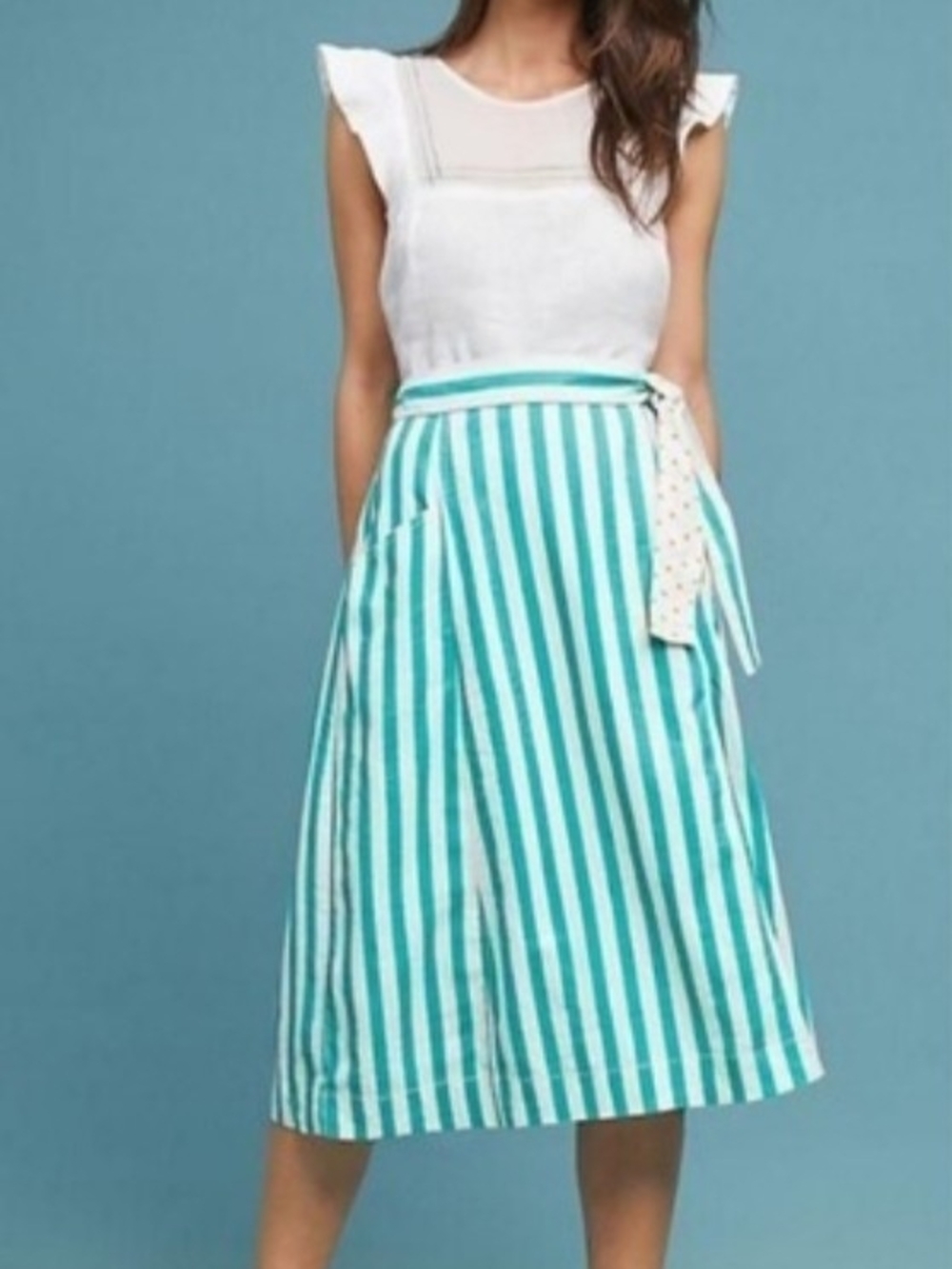 🌼B2G1🌼 Maeve Anthropologie Aqua White Stripe Midi Wrap Skirt Size Small NWOT
